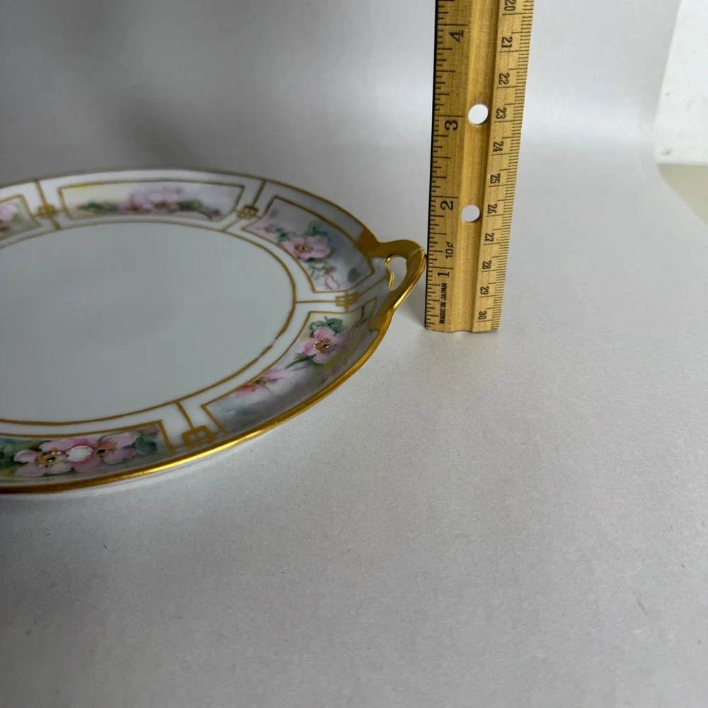 Vintage Bavaria Hand‎ Painted Porcelain Plate Pink Floral Gold Trim Handles